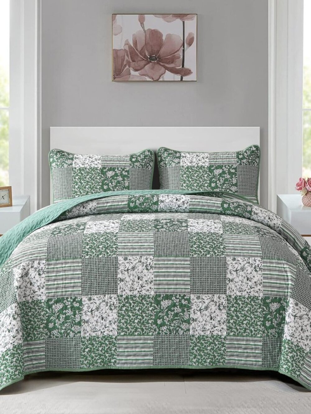 Boho Quilts Queen Size, Patchwork Reversible Bedding Set, Green